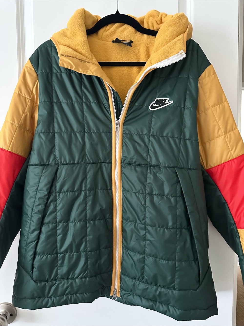 Nike Men’s Hooded Quilted Puffer Jacket Colorblock Zip Green Yellow Red L